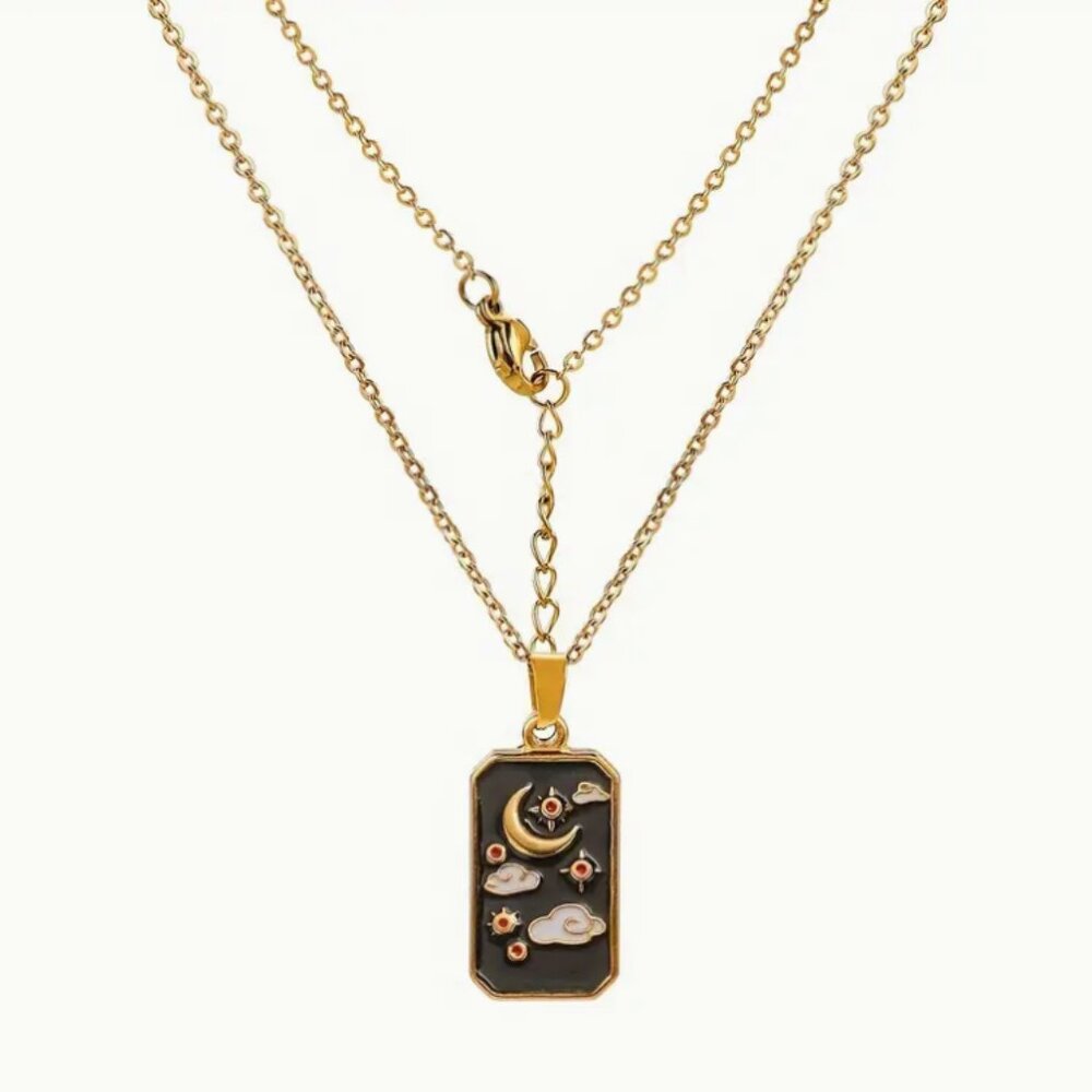 Necklace 18k Gold Plated Rectangular Tarot Black Pendant boho unisex layering